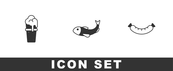 Set Glass of beer, Dried fish and Sausage icon. Vector