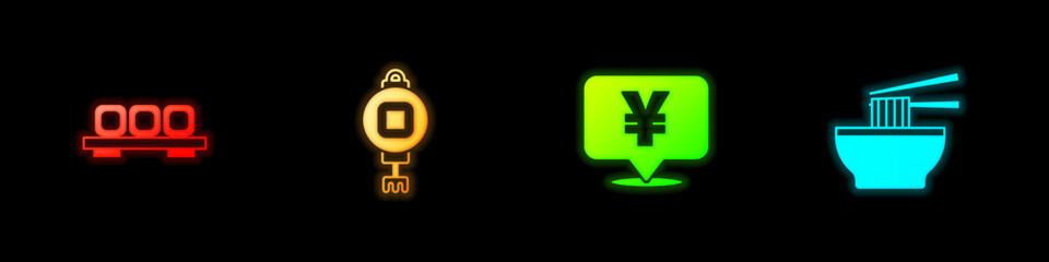 Set Sushi on cutting board, Chinese paper lantern, Yuan currency and Asian noodles bowl icon. Vector