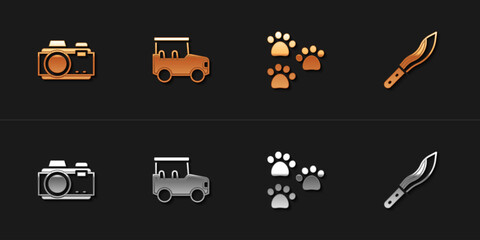 Set Photo camera, Safari car, Paw print and Machete icon. Vector