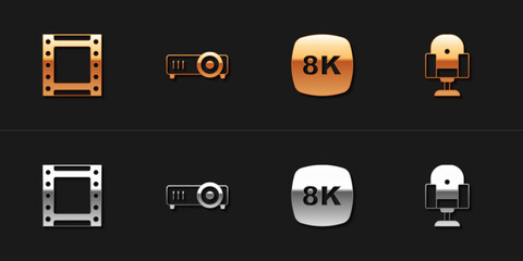 Set Play video, Movie, film, media projector, 8k Ultra HD and Director movie chair icon. Vector