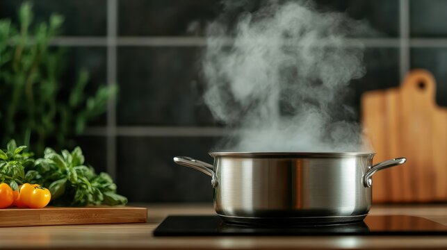 A dynamic scene of steam rising from a pot on a stovetop in a modern kitchen setting, illustrating the process of cooking and the warmth of a home-cooked meal.