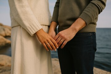 Couple holding hands seaside