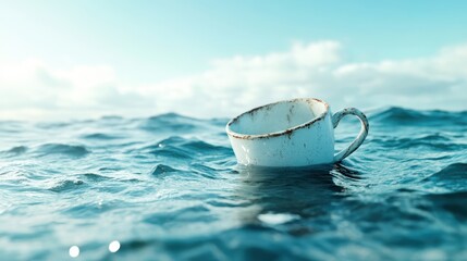 A solitary rusty cup is adrift in the vast ocean under a bright sky, showcasing themes of abandonment and the passage of time in a beautifully tranquil setting.