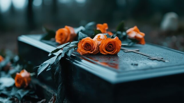 This image depicts a grave stone adorned with vibrant orange roses, symbolizing remembrance and love, alongside a subtle cross, evoking sentiments of loss and mourning.