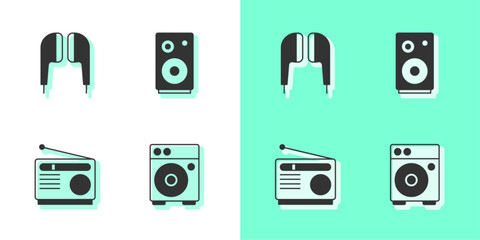 Set Guitar amplifier, Air headphones, Radio and Stereo speaker icon. Vector