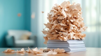 A chaotic stack of crumpled papers rests on a desk, representing creative struggles, brainstorming mishaps, and the iterative process of refining ideas before achieving success.