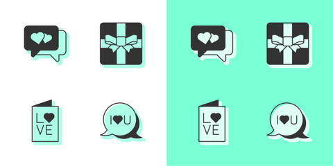 Set Speech bubble text I love you, Heart in speech, Valentines day party flyer and Gift box icon. Vector