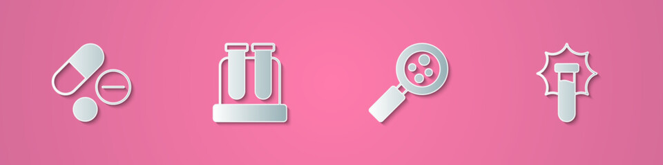 Set paper cut Medicine pill or tablet, Test tube, Microorganisms under magnifier and Explosion the flask icon. Paper art style. Vector