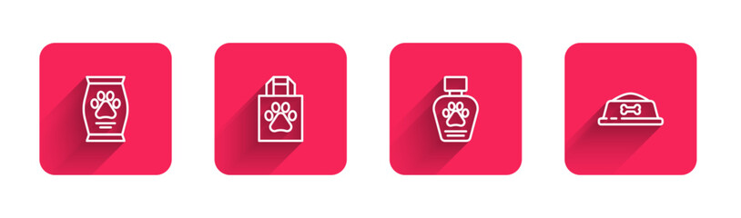 Set line Bag of food, Shopping bag pet, Pet shampoo and bowl with long shadow. Red square button. Vector