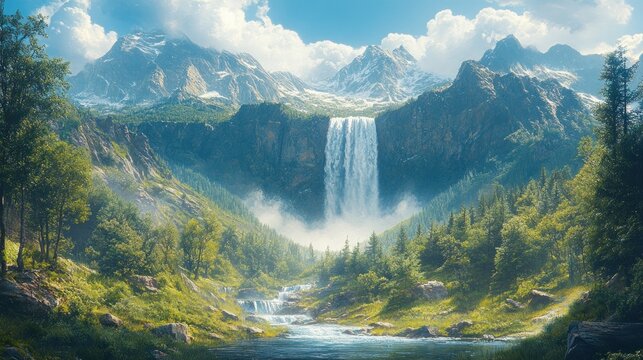 Majestic waterfall cascades into alpine valley with snowy peaks
