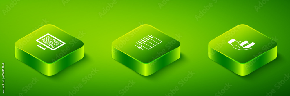 Poster set isometric server, pie chart infographic and binary code icon. vector