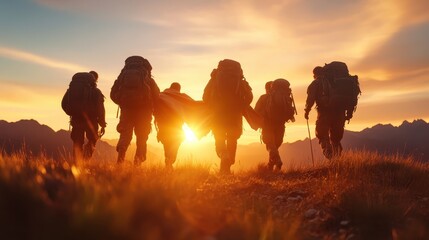 Silhouettes of five soldiers holding a flag against a vivid sunset backdrop highlight camaraderie, sacrifice, and the beauty of unity in the face of challenge and hardship.