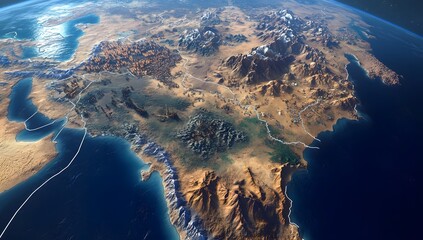 A map of the Middle East, showing Saudi Arabia and Iran from an interesting angle. The whole world is seen from space, 