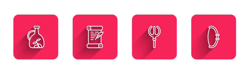 Set line Bottle of olive oil, Decree, parchment, scroll, Neptune Trident and Medieval bow with long shadow. Red square button. Vector