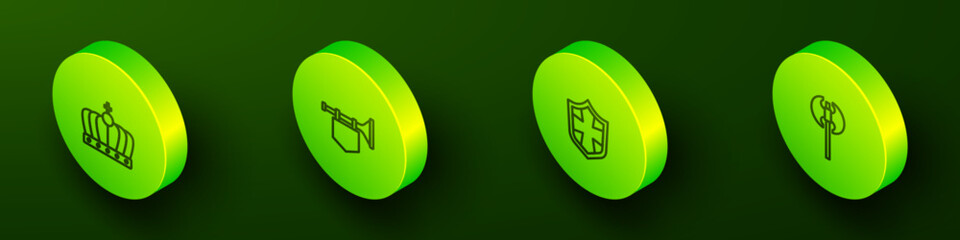 Set Isometric line King crown, Trumpet with flag, Shield and Medieval axe icon. Vector