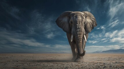 Majestic elephant stands in savannah,dust clouds swirling,copy space,banner,dry grassland