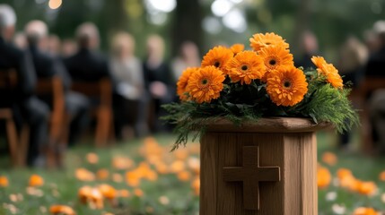 A serene memorial gathering is depicted, with bright orange flowers symbolizing remembrance, surrounded by mourners in a peaceful outdoor setting.