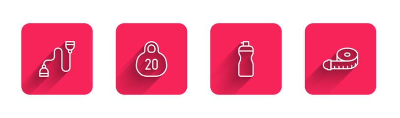 Set line Chest expander, Kettlebell, Fitness shaker and Tape measure with long shadow. Red square button. Vector