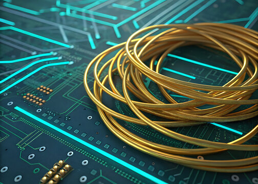 Rolled golden wires on microchip circuit board / Rollos de cable dorado sobre placa de circuito de microchip

