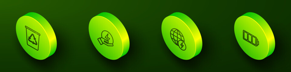 Set Isometric line Recycle bin with recycle, Lightning bolt, Global energy power planet and Battery icon. Vector