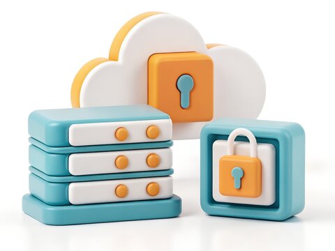 3D Cloud Computing Illustration with Secure Padlock and Server Stack for Data Protection and Cybersecurity Design