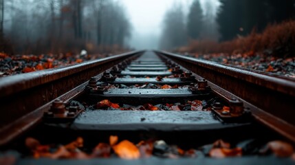 Fog envelops railway tracks lined with autumn leaves, invoking a sense of mystery and nostalgia, reflecting the beauty of nature's changes and the passage of time in a serene landscape.