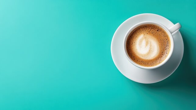 A steaming cup of coffee sits elegantly on a turquoise surface, representing warmth and comfort, inviting viewers into a tranquil moment of relaxation and enjoyment of daily rituals.