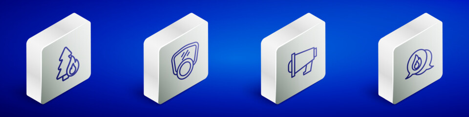 Set Isometric line Burning forest tree, Gas mask, Megaphone and Telephone call 911 icon. Vector
