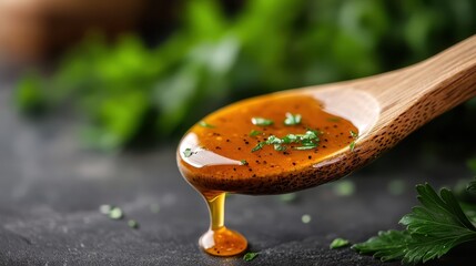 A mouthwatering image of sauce dripping from a wooden spoon, garnished with fresh herbs, highlighting culinary artistry and the deliciousness of homemade dishes.