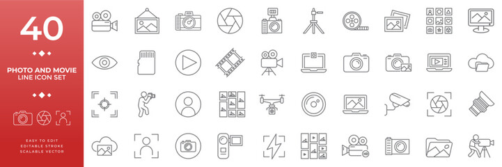 Professional Photo & Movie Line Icon Set. 40 Editable Vector Icons for Videography, Photography & Content Creation Perfect for YouTube, Social Media Posts, Website UI & Print Materials