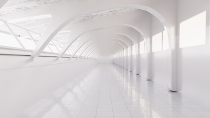 Fototapeta premium Curved white corridor with modern support arches. 3d render