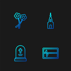 Set line Beat dead in monitor, Grave with tombstone, Flower and Church building. Gradient color icons. Vector