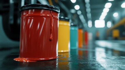 Several paint buckets in bright colors are positioned in an art studio, with a vibrant and creative atmosphere enhanced by flowing paint on the floor.