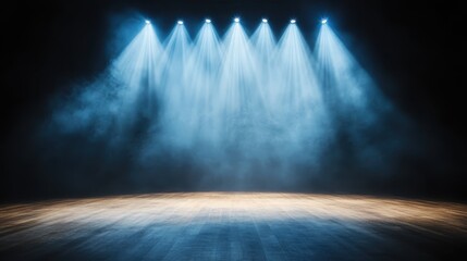 An empty performance stage is illuminated by bright lights, with fog creating a dramatic and enticing atmosphere, ready for the next captivating performance.