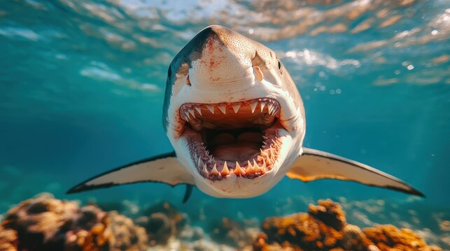 A close-up shot of a fierce shark swimming towards the camera, mouth agape to reveal its dangerously sharp teeth, set against a vibrant underwater environment.