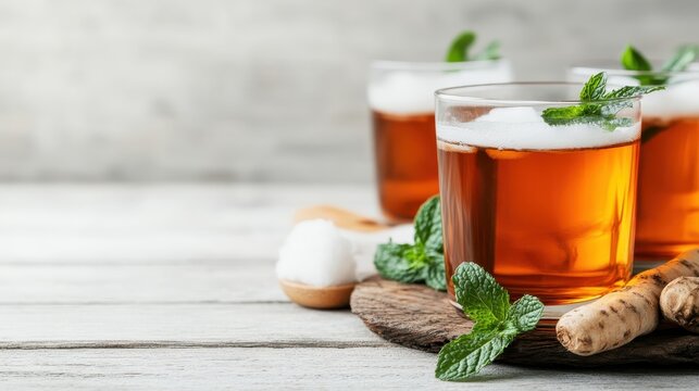 Three glasses of iced tea adorned with fresh mint leaves rest on a rustic wooden table, inviting refreshment in a warm and inviting setting.