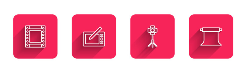 Set line Camera roll cartridge, Graphic tablet, Softbox light and Empty photo studio with long shadow. Red square button. Vector