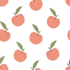 Seamless pattern with cute peach fruit on white background. Vector illustration for printing. Cute baby background