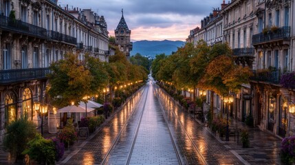 Fototapeta premium A paved street lined with buildings and trees, bathed in the early morning light, after a rain shower