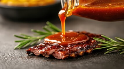An appetizing image of juicy barbecue ribs drizzled with rich sauce, garnished with fresh herbs, providing a feast for the senses and a celebration of culinary delight.
