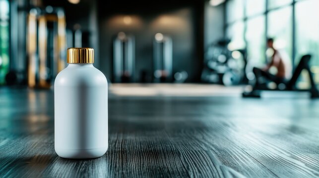 A sleek, minimalist image of a nutrition bottle placed on a gym floor, symbolizing fitness and a commitment to health after a rigorous workout session.