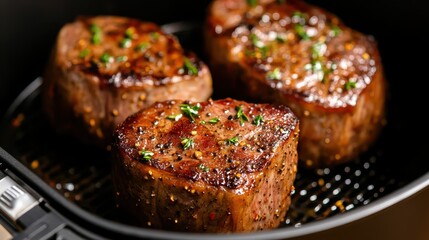 Juicy and perfectly grilled steaks seasoned with herbs, displayed in a frying pan, representing culinary excellence and the art of cooking delicious meals.