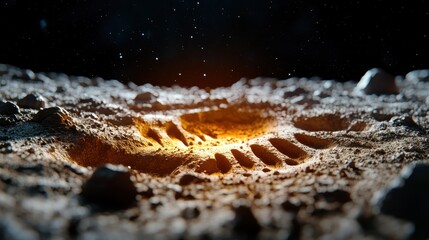 A striking view of a single lunar footprint illuminated under a starry sky, representing humanity's first steps on the moon and the quest for exploration.