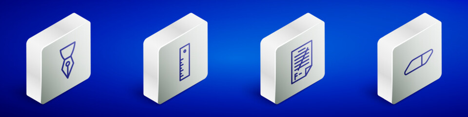 Set Isometric line Fountain pen nib, Ruler, Exam paper with incorrect answers and Eraser rubber icon. Vector