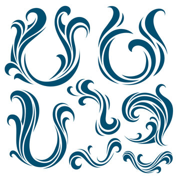 Stylized ocean wave swirls in bold blue lines. Artistic graphic elements for branding, logo design, textile patterns, or marine-inspired compositions. Clean and elegant vector style.