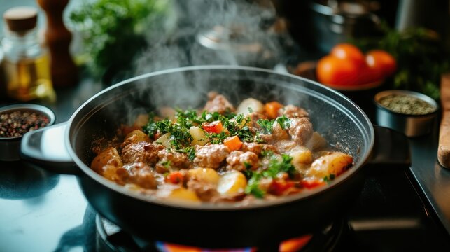 A vibrant vegetable stew bubbling in a pot, filled with fresh ingredients and aromatic herbs, symbolizing healthy eating and the joy of home-cooked meals. - Powered by Adobe