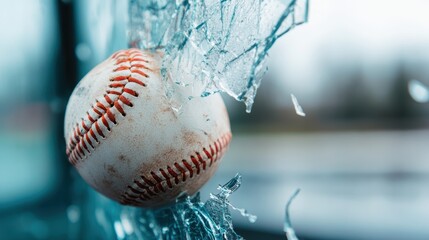 A thrilling capture of a baseball crashing through glass, illustrating vivid energy and dynamic action that showcases the excitement of sports and the unpredictability of moments.
