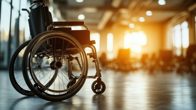 A serene image of a wheelchair positioned in a brightly lit space, symbolizing accessibility, empowerment, and the importance of inclusivity in our modern society and environment.