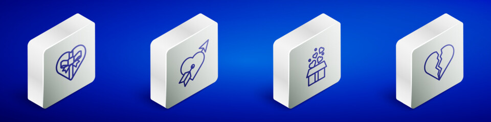 Set Isometric line Candy in heart shaped box, Amour with arrow, Gift hearts and Broken or divorce icon. Vector