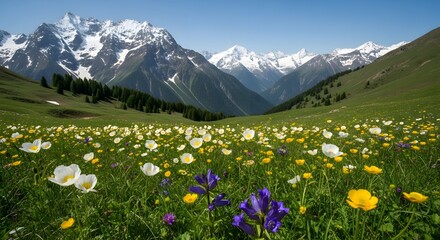 Fototapeta premium Serene alpine meadow with snow-capped peaks in background